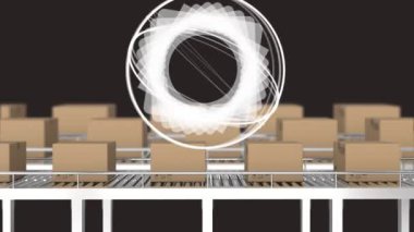 Konveyör bantlarında hareket eden mukavva kutuların üzerinde mikroskop taraması. Dijital olarak üretilen video konsepti.