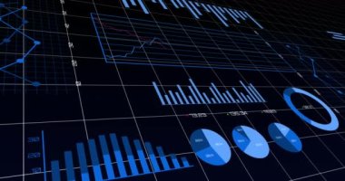 Şebeke üzerinde istatistik ve finansal veri işleme animasyonları. küresel iş, finans, veri işleme, dijital arayüz ve teknoloji konsepti dijital olarak oluşturulmuş video.