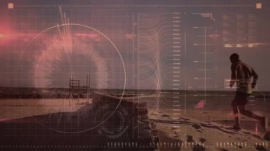 Plajda koşan zinde bir adamın veri işleme animasyonu. spor ve yarışma konsepti dijital olarak oluşturulmuş video.