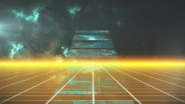 Turuncu hareket ızgarası ve mavi bulutlar üzerindeki dijital arayüz ekranlarının animasyonu. Video oyunu, tıbbi araştırma, bağlantılar ve dijital olarak oluşturulmuş eğlence konsepti.