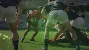 Spor stadyumundaki ragbi maçında veri işleme animasyonu. küresel spor, rekabet ve veri işleme kavramı dijital olarak oluşturulmuş video.