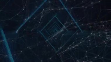 Bağlantılar ve mavi ışıklar ağı üzerinden qr kodu ve alışveriş arabası simgesinin animasyonu. küresel iletişim, dijital arayüz ve perakende ağ konsepti, dijital olarak oluşturulmuş video.