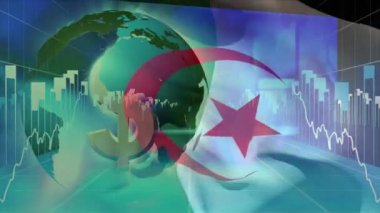 Cezayir ve Dünya bayrağı üzerinde veri işleme animasyonu. küresel veri işleme, bağlantılar, dijital arayüz ve teknoloji konsepti dijital olarak oluşturulmuş video.