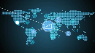 Bağlantı ağları olan dünya haritasının animasyonu. küresel bağlantılar, dijital arayüz ve teknoloji konsepti dijital olarak oluşturulmuş video.