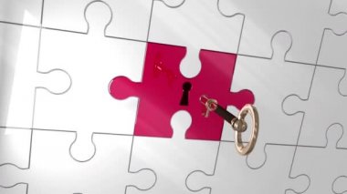 Siyah arka planda uçan beyaz ve altın balonları gösteren anahtar açan yapboz parçaları animasyonu. parti ve kutlama konsepti dijital olarak oluşturulmuş video.