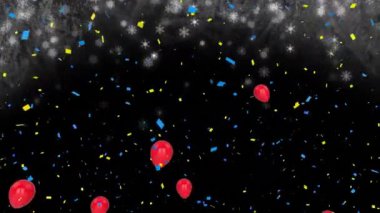 Konfetilerin düşüşü ve siyah arka planda uçan kırmızı balonların canlandırması. parti ve kutlama konsepti dijital olarak oluşturulmuş video.