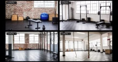 Spor salonunun farklı bölgelerindeki dört güvenlik kamerasının görüntülerinin birleşimi. izleme, iş güvenliği ve güvenlik teknolojisi konsepti dijital kompozit video.