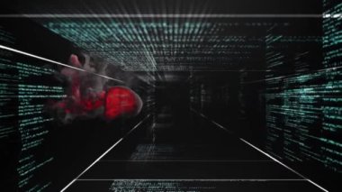 Siyah arkaplana karşı veri işleme üzerinde kırmızı duman etkisinin dijital animasyonu. bilgisayar arayüzü ve teknoloji kavramı