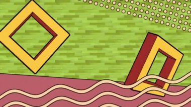 Sarı desenli pembe ve sarı grafik elementlerle dönen karelerin animasyonu. küresel iletişim ve dijital arayüz arkaplan kavramı, dijital olarak oluşturulmuş video.