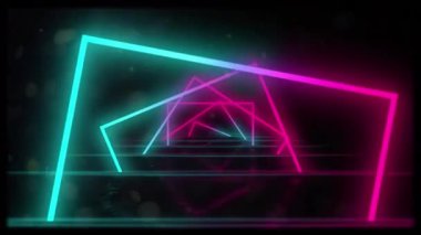 Siyah zemin üzerinde beyaz halkalar ve dönen mavi ve pembe neon karelerin animasyonu. küresel iletişim ağı ve dijital arayüz arkaplan kavramı dijital olarak oluşturulmuş video.