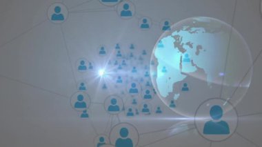 Simgeli ve bağlantı ağlı dünyanın animasyonu. küresel bağlantılar, dijital arayüz ve teknoloji konsepti dijital olarak oluşturulmuş video.