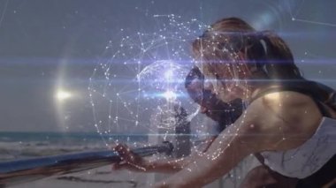 Dışarıya uzanan çiftler üzerindeki bağlantı küresinin animasyonu. global spor, fitness, veri işleme ve dijital arayüz kavramı dijital olarak oluşturulmuş video.