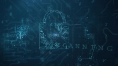 Karanlık arka planda asma kilit ve veri işleme animasyonu. küresel iletişim, iş dünyası, güvenlik, dijital arayüz ve teknoloji konsepti dijital olarak oluşturulmuş video.