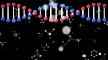 Siyah arka planda hareket eden beyaz bağlantıların üzerinde dönen DNA ipliklerinin animasyonu. küresel iletişim ağı, tıbbi araştırma ve dijital arayüz arkaplan kavramı dijital olarak oluşturulmuş video.
