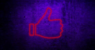 Duvarın arka planında fotokopi alanı ile titreşen neon başparmağının canlandırması. küresel sosyal medya, iletişim ve dijital arayüz kavramı dijital olarak oluşturulmuş video.