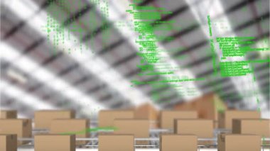 Taşıyıcı bantların üzerinde kutularla işlenen istatistiklerin animasyonu. küresel gönderim, dijital arayüz, teknoloji ve bağlantılar konsepti dijital olarak oluşturulmuş video.