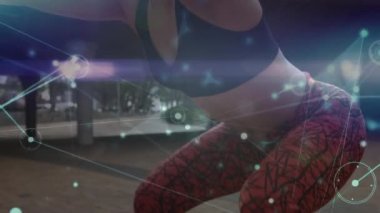 Açık havada egzersiz yapan kadın üzerindeki bağlantı ağının animasyonu. global spor, fitness, veri işleme ve dijital arayüz kavramı dijital olarak oluşturulmuş video.