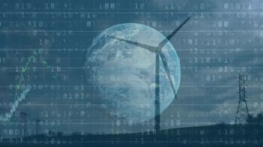 Rüzgar türbini üzerinde ikili kodlama ve finansal veri işleme animasyonu. küresel çevre, yeşil enerji, dijital arayüz ve teknoloji konsepti dijital olarak oluşturulmuş video.