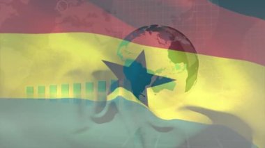 Dünya ve istatistik üzerinde hareket eden Gana bayrağının animasyonu. küresel iş, veri işleme ve teknoloji konsepti dijital olarak oluşturulmuş video.