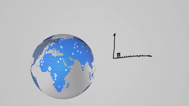 Animatie Van Globe Spinnen Met Hand Getrokken Statistieken Grijze Achtergrond — Stockvideo