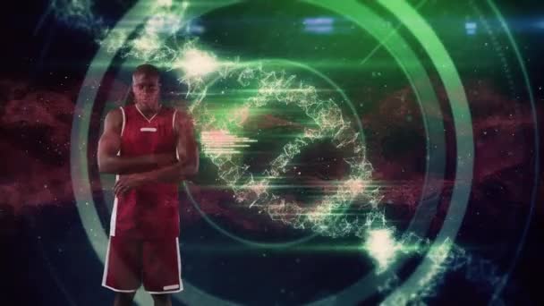 Animacja Przędzenia Nici Dna Przetwarzanie Danych Nad Koszykarzem Globalna Koncepcja — Wideo stockowe