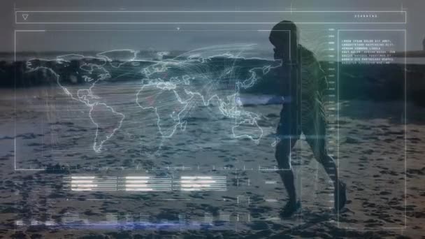 Анимация Обработки Данных Над Человеком Бегущим Пляже Спорт Концепция Соревнований — стоковое видео