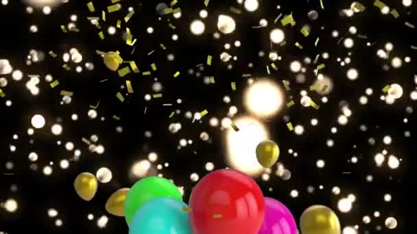 Animazione Coriandoli Che Cadono Palloncini Multicolori Che Volano Sfondo Nero — Video Stock