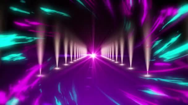 Animering Glödande Neonspår Som Snurrar Tunneln Glödande Ljus Ljus Och — Stockvideo