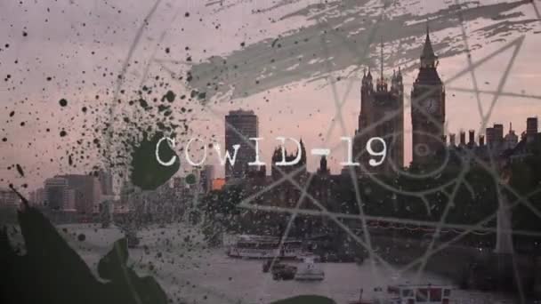 Animation Covid Text Graphics Cityscape Global Covid Pandemic Concept Digitally — Stock Video