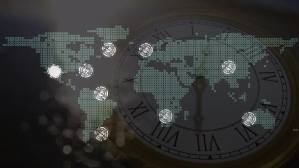 Animação Mapa Mundo Rede Conexões Sobre Relógio Sobre Fundo Escuro — Vídeo de Stock