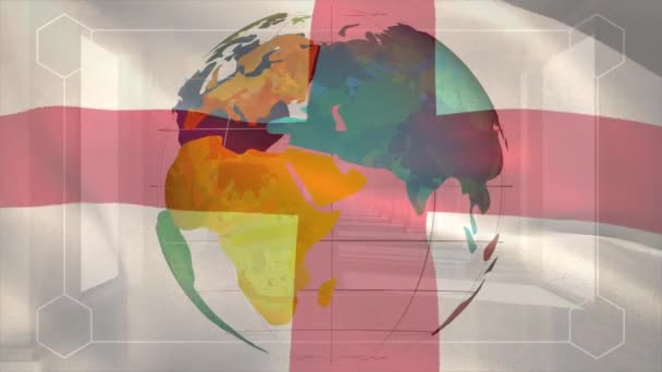 在数据处理和地球仪上动画英国国旗的移动 全球数字接口 数据处理和技术概念 — 图库视频影像