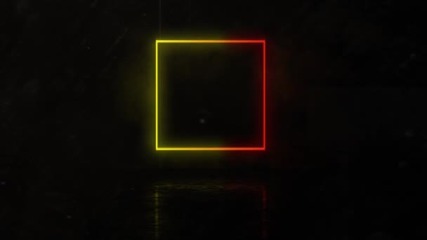 白の平行曲線上の黄色と赤のネオンの正方形のアニメーションは黒に移動します 世界的な通信とデジタルインターフェースの概念デジタル生成されたビデオ — ストック動画