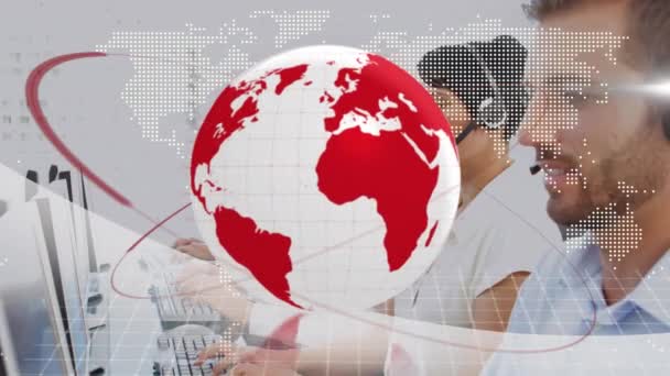 Animation Globe World Map Business People Wearing Headsets Global Communication — Stock Video