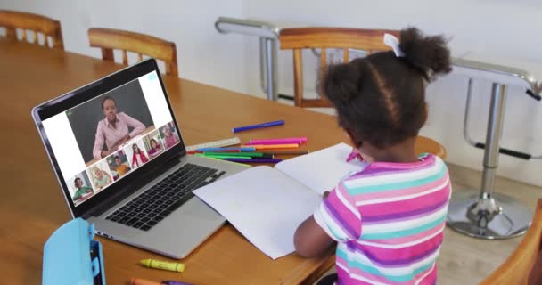 Schoolmeisje Met Behulp Van Laptop Voor Online Les Thuis Met — Stockvideo