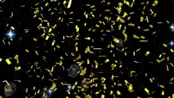 Animação Confetes Caindo Balões Pretos Voando Sobre Fundo Preto Festa — Vídeo de Stock