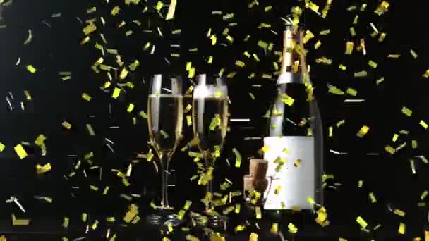 在黑色背景的香槟酒瓶和玻璃杯上飘落着金冠和软木塞的动画 奢侈和活动概念数码制作的视频 — 图库视频影像