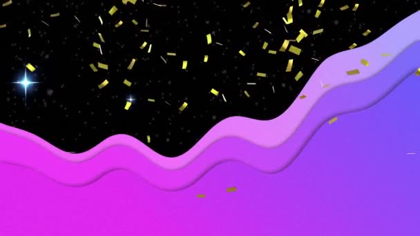 Animation Purple Waves Gold Confetti Falling Night Sky Background Celebration — Stock Video