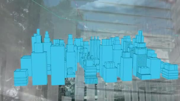 Animación Dibujo Ciudad Girando Sobre Paisaje Urbano Arquitectura Global Desarrollo — Vídeo de stock