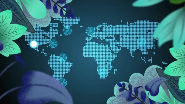 Animace Mapy Světa Nad Exotickou Rostlinou Globální Připojení Digitální Rozhraní — Stock video