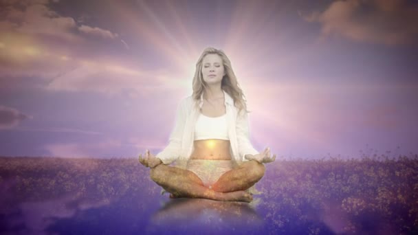Orman Gökyüzünde Yoga Yapan Kadının Üzerinde Parlayan Işığın Animasyonu Doğa — Stok video