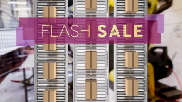 Depodaki Taşıma Bantlarındaki Karton Kutuların Üzerinden Flash Satış Metninin Animasyonu — Stok video