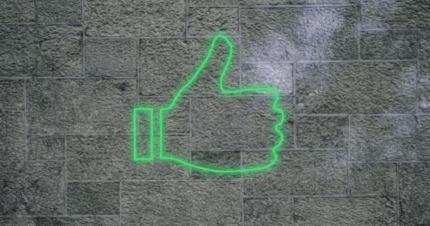 Animation Neon Thumb Icon Flickering Copy Space Wall Background Global — Stock Video