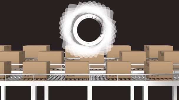 コンベアベルト上を移動する段ボール箱上のスコープスキャンのアニメーション 世界中の出荷と配送の概念デジタルで生成されたビデオ — ストック動画