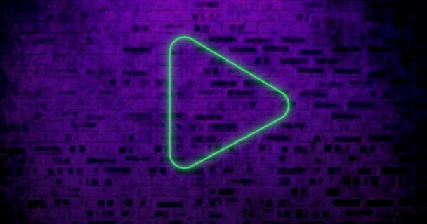 Animation Neon Play Button Flickering Copy Space Brick Wall Background — Stock Video