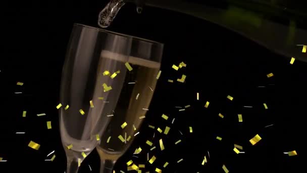 Анимация Золотых Конфетти Падающих Бокалы Шампанского Новый Год Вечеринка Празднование — стоковое видео