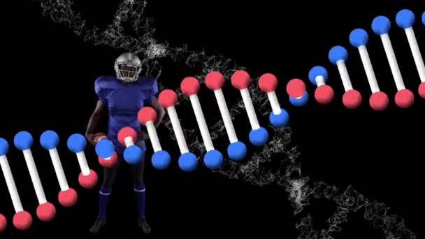 Animación Hebra Adn Girando Procesamiento Datos Sobre Jugador Fútbol Americano — Vídeos de Stock