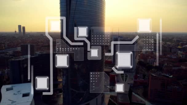 Анімація Даних Обміну Цифровими Мережами Над Сучасним Містом Заході Сонця — стокове відео