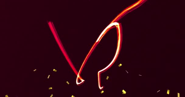 Animatie Van Gouden Confetti Vallend Met Oranje Neon Strepen Feest — Stockvideo