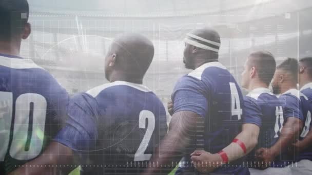 Animace Zpracování Dat Přes Rugby Zápas Sportovním Stadionu Globální Koncepce — Stock video