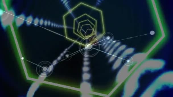Animasi Dari Heksagon Neon Dengan Deretan Lampu Bercahaya Dan Jaringan — Stok Video